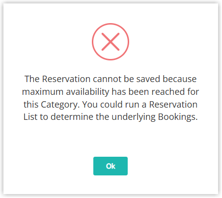 Screenshot of an RMS error dialog stating the reservation cannot be saved because maximum availability has been reached for the category