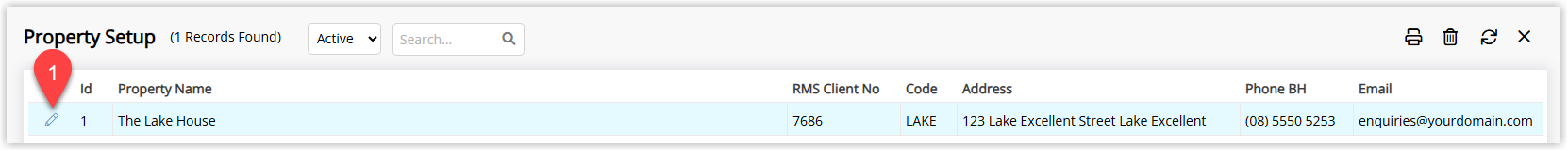 Annotated screenshot of the Property Setup list in RMS with the Edit icon for a property highlighted