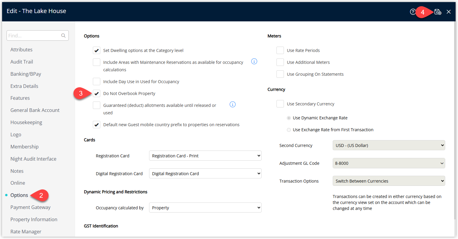 Annotated screenshot of the property Options tab in RMS with the Do Not Overbook Property option highlighted