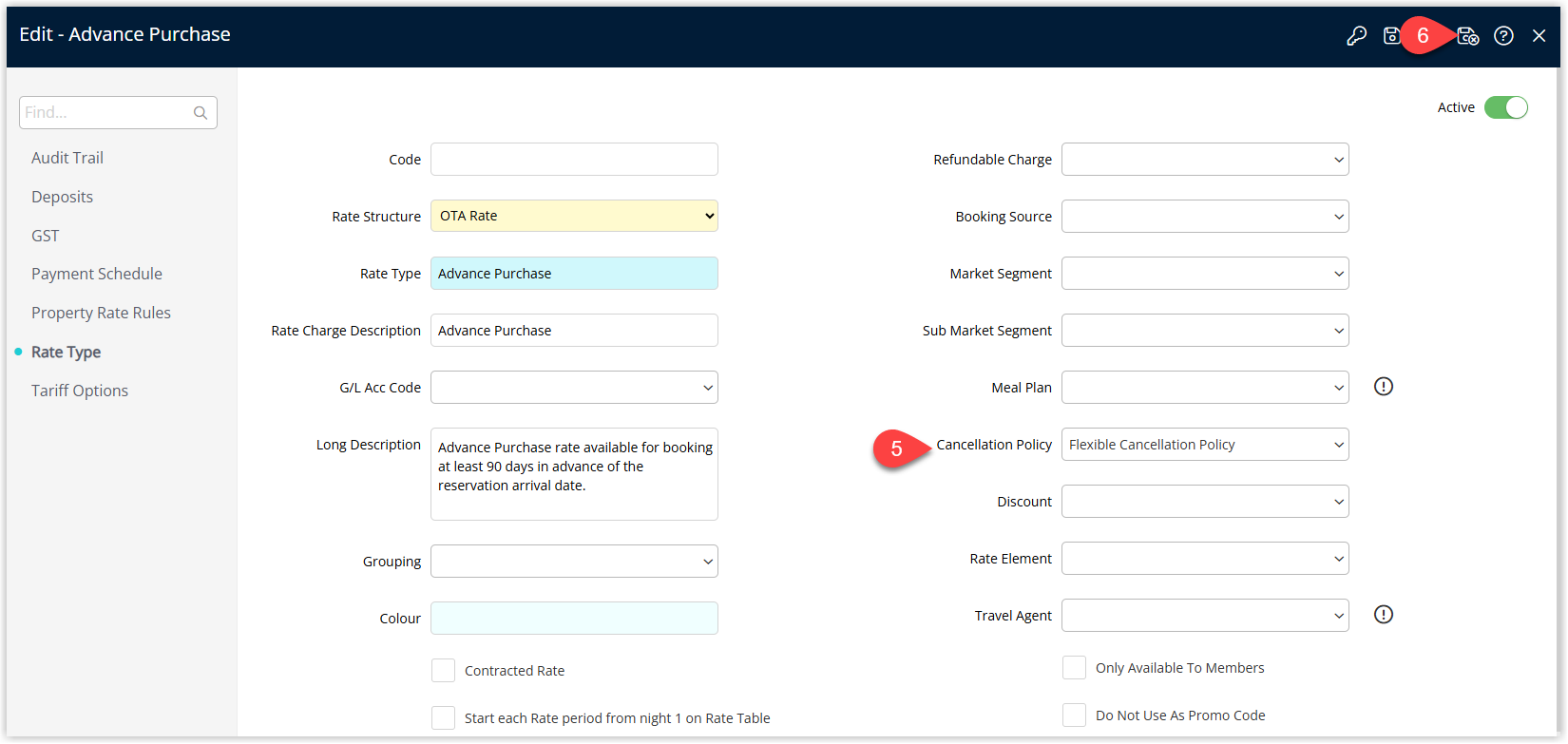 RMS Rate Type edit window showing a Cancellation Policy dropdown with a policy selected and the Save/Exit button highlighted so the policy will apply when this rate type is used on new or updated reservations.