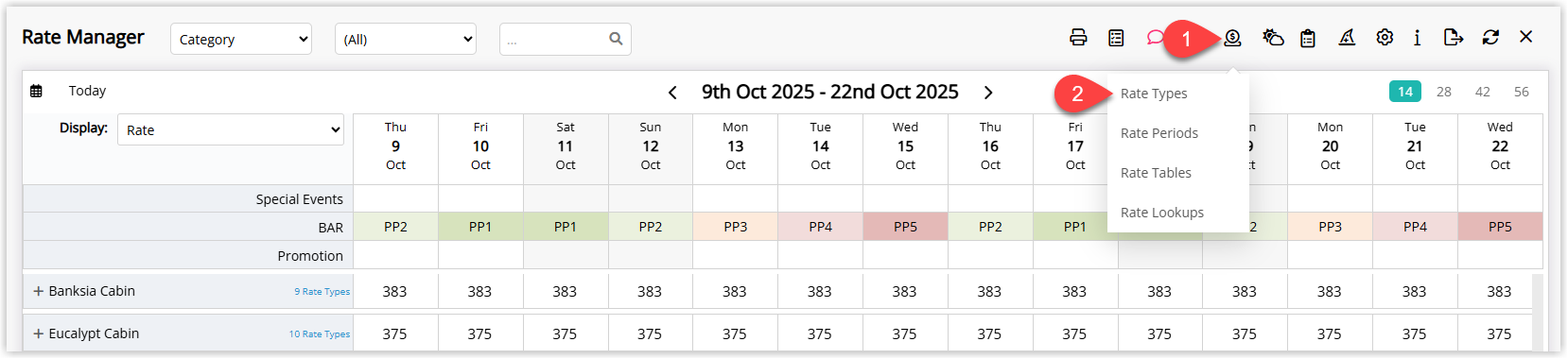 RMS Rate Manager screen showing the Rates button selected and the Rate Types option highlighted to open the list of rate types.