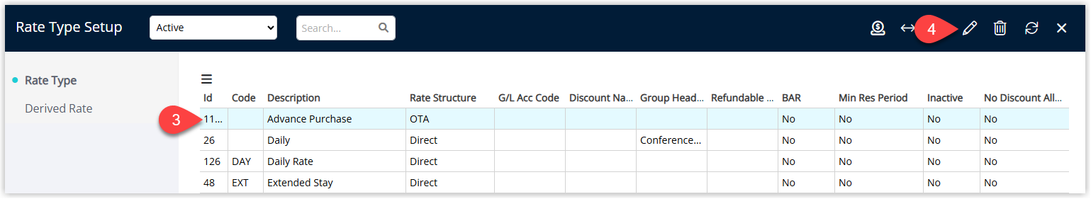 RMS Rate Types list displaying existing rate types with one rate type selected and the Edit button chosen to modify its settings.