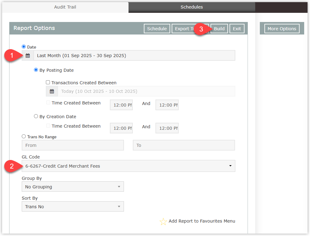 RMS Audit Trail report criteria screen showing the Date Range fields populated for the desired period, multiple General Ledger Account Codes selected that represent credit card transaction fees, and the Build button highlighted to generate a report of all credit card fee transactions.