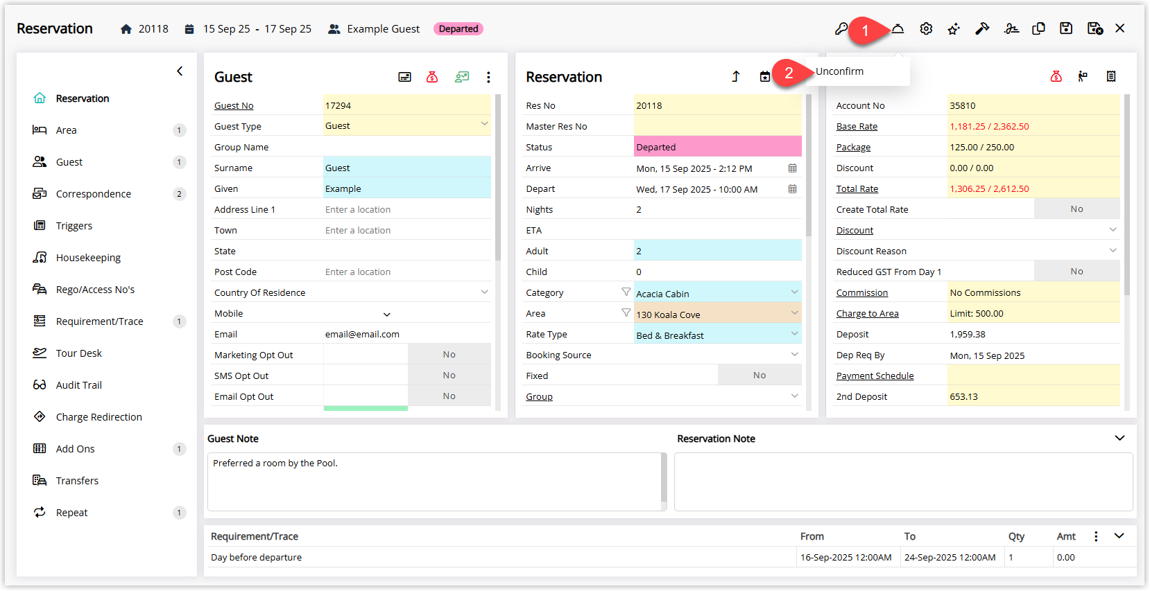Annotated screenshot of a departed reservation in RMS showing the Guest, Reservation, and Account panels with the status control highlighted