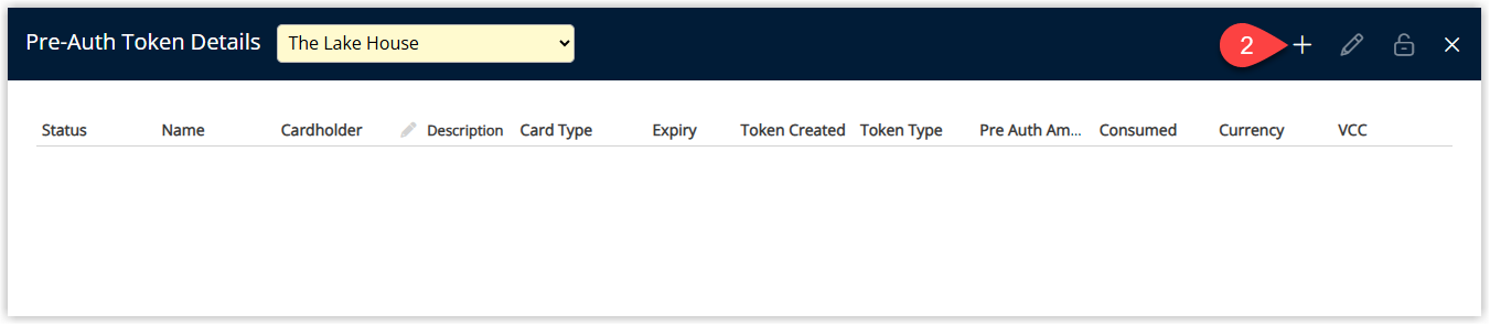 RMS CC Pre-Auth Tokens window listing any existing pre-authorisations with the Add button selected to create a new CC Pre-Auth Token for the reservation.
