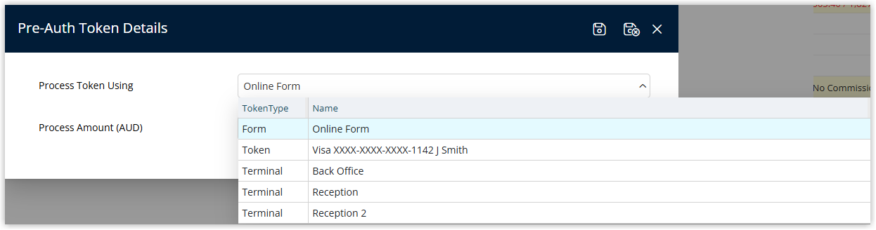 RMS CC Pre-Auth Token screen displaying the Process Token Using dropdown expanded, showing options such as Online Form, EFTPOS Terminal, and Existing Credit Card Token for processing the pre-authorisation.