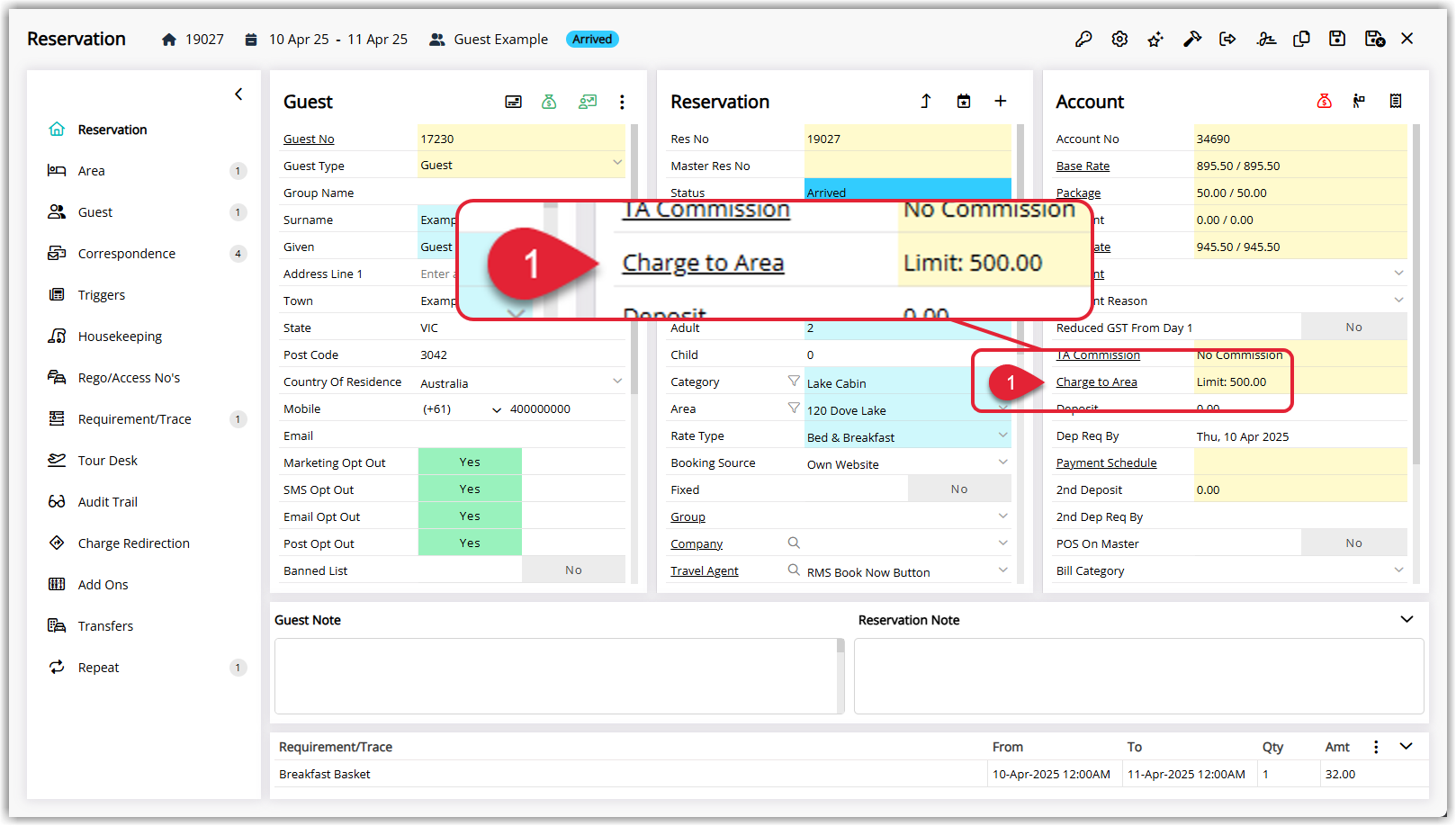 Screenshot of a reservation in RMS with the Charge to Area option selected to configure whether POS charges can be posted to the reservation account.