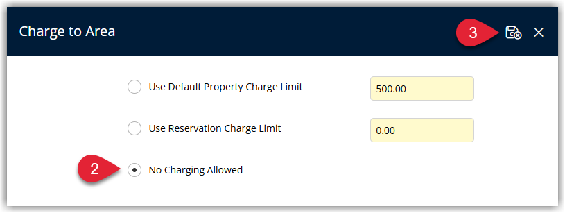 Screenshot of the Charge to Area settings on a reservation in RMS showing No Charging Allowed selected before saving to prevent POS charges from being posted to the reservation.