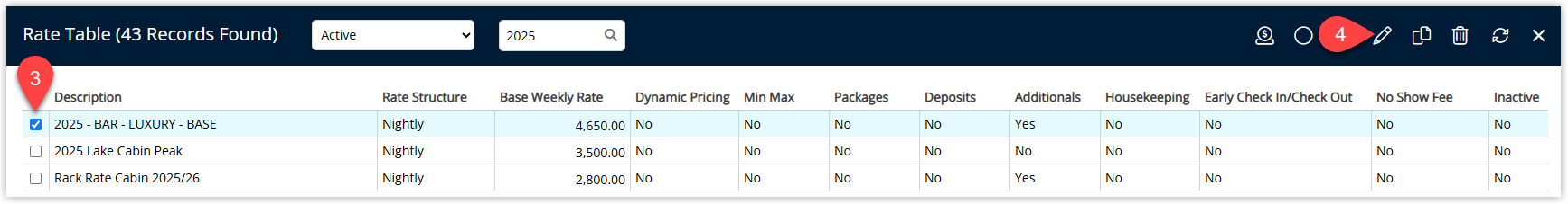 Rate Tables list in RMS showing existing rate tables with one rate table highlighted and an Edit button or icon chosen to modify its settings