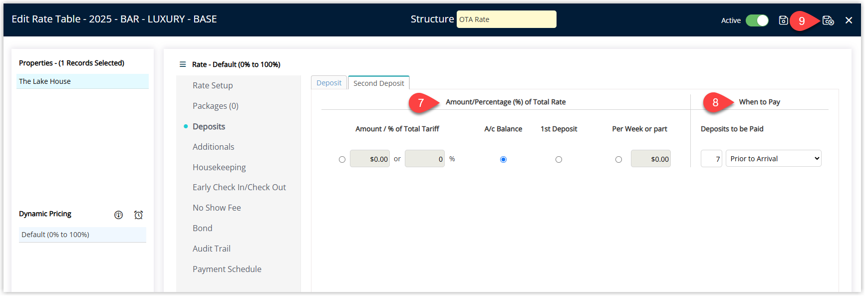 Second Deposit settings on the Rate Table showing fields for Amount to Charge and When to Pay (e.g. number of days before arrival or a percentage), with a Save/Exit button to apply the second deposit configuration