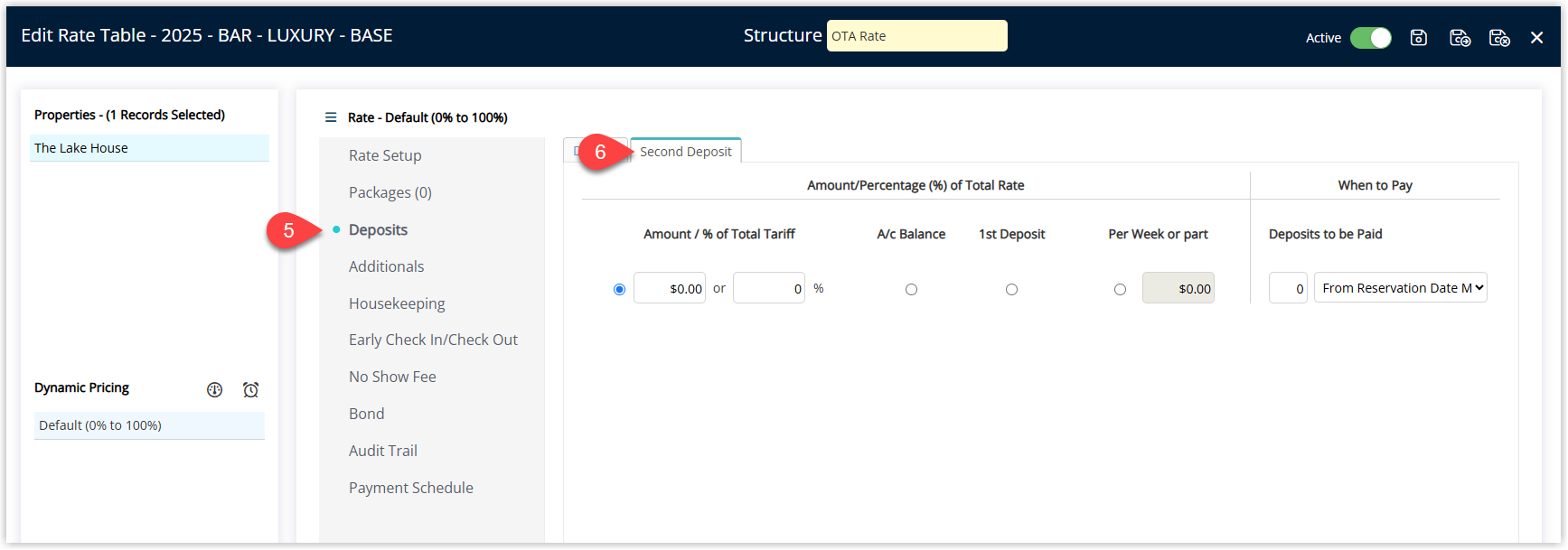 Rate Table configuration window open on the Deposit tab, with a Second Deposit sub‑tab selected to configure additional deposit rules