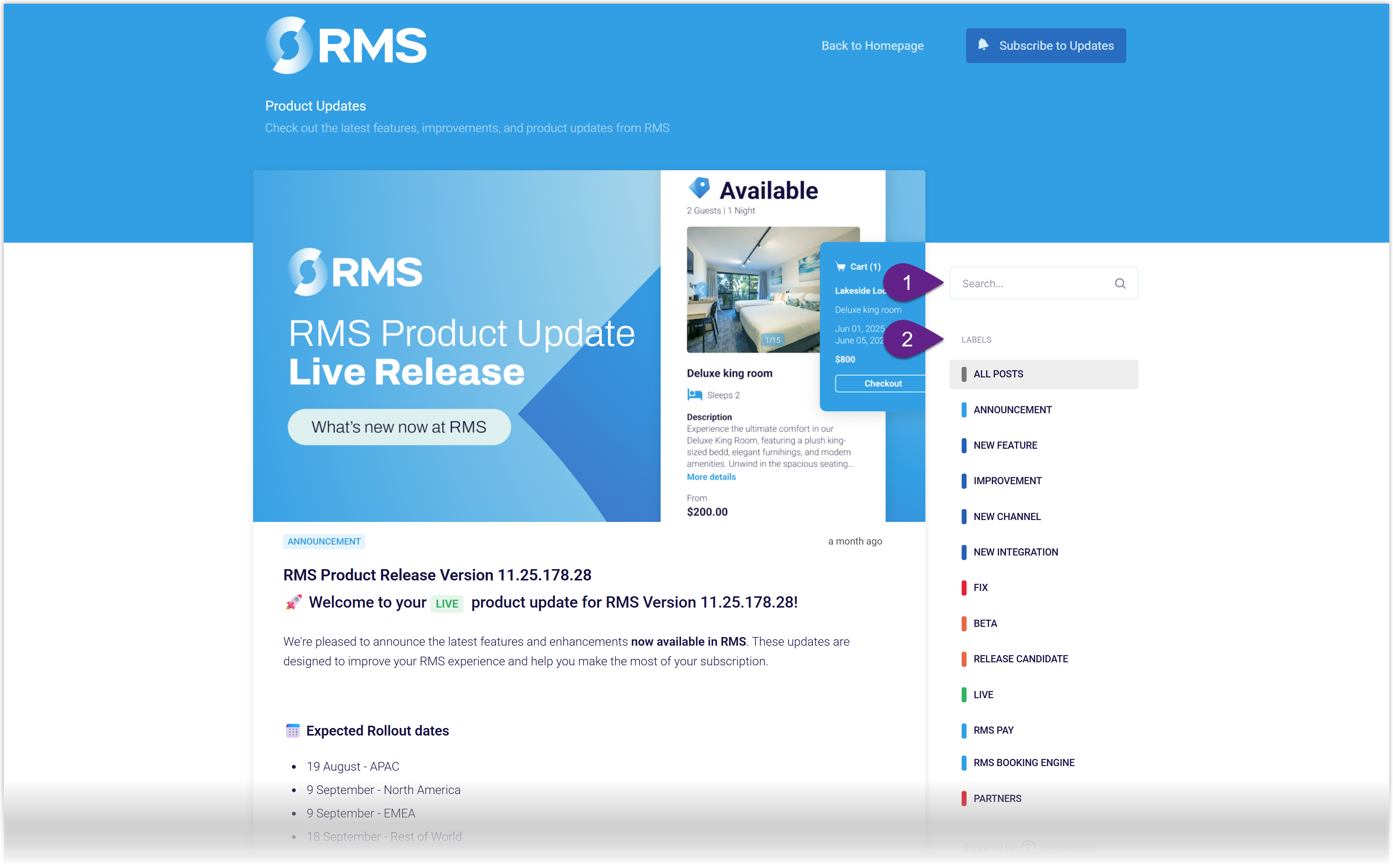 RMS Release Notes webpage at https://releasenotes.rmscloud.com/ showing a search bar for finding items of interest and a label filter panel used to narrow results by categories such as New Features, Enhancements, Bug Fixes, and other tags.