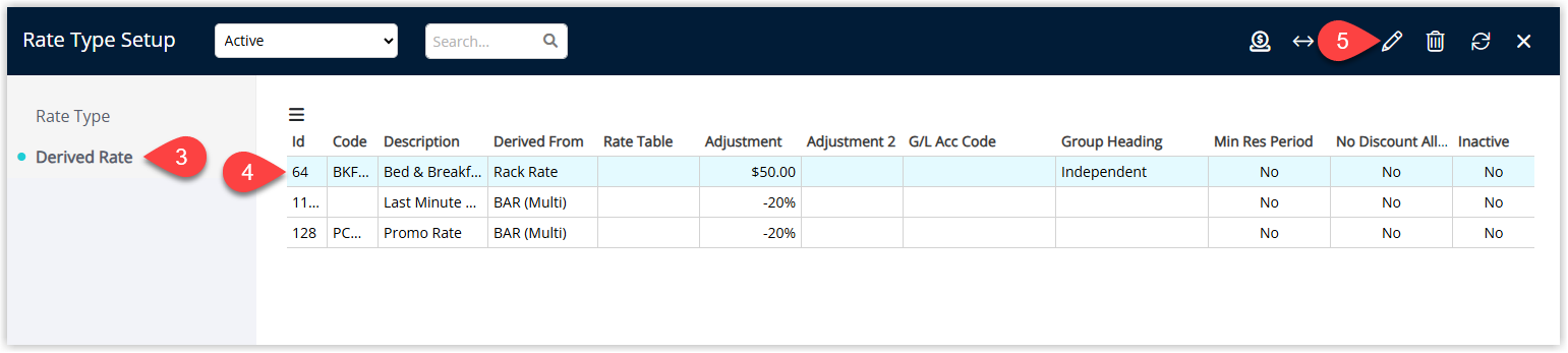 Screenshot of the Derived Rate Type setup screen in RMS showing the selected derived rate type and configuration options, including access to deposit settings.