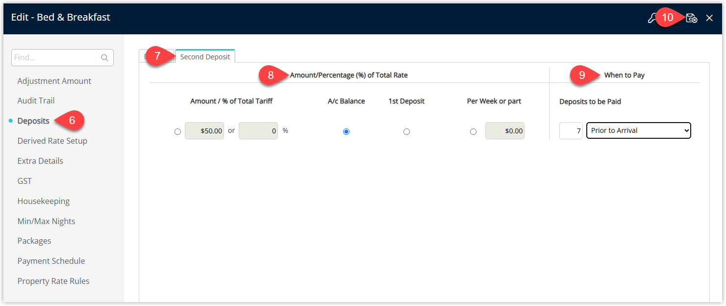 Screenshot of the Second Deposit configuration screen for a derived rate in RMS showing fields for Amount to Charge and When to Pay used to define the second deposit rule.