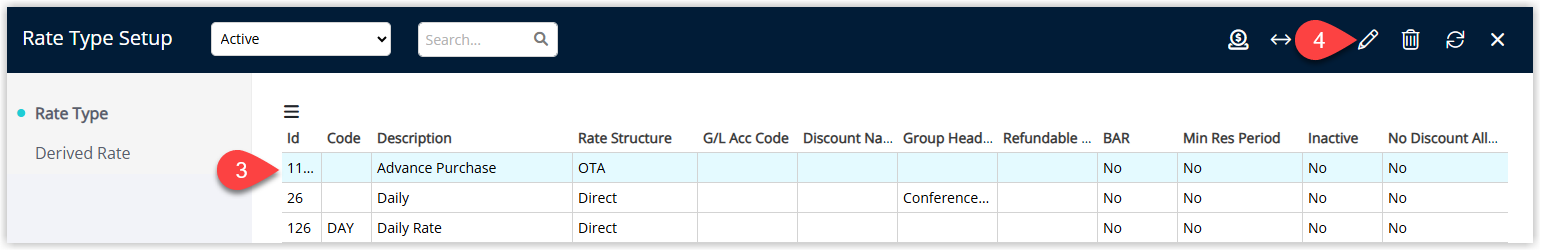 Rate Tables list in RMS (or Rate Type selection within Rate Manager) showing an existing rate configuration highlighted with the Edit button selected to modify its deposit settings.
