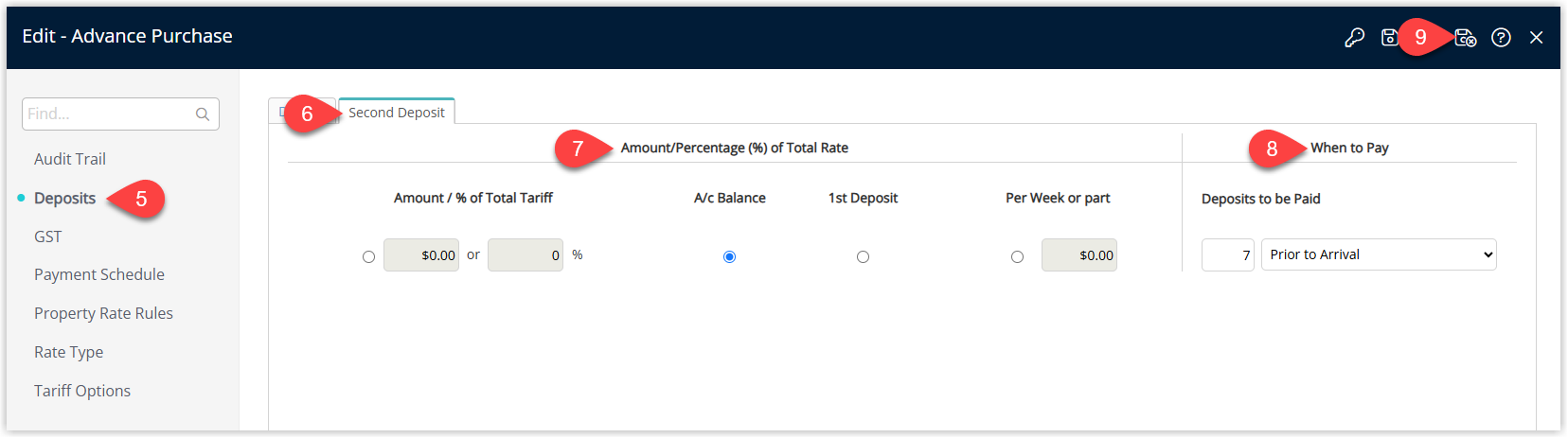 Rate setup screen in RMS on the Deposits tab with the Second Deposit sub‑tab selected, showing fields for Amount to Charge and When to Pay (for example, X days before arrival), and the Save/Exit button to apply the Second Deposit rule to the rate.