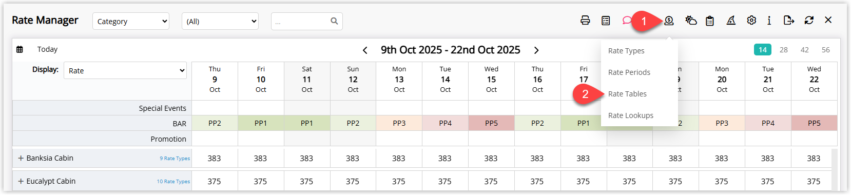 Rate Manager screen in RMS with the Rates menu open and Rate Tables selected to view and configure rate tables and deposit rules.