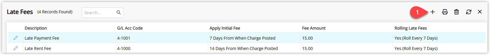 Late Fees setup screen in RMS showing a list of existing late fee rules with an Add button to create a new late fee configuration