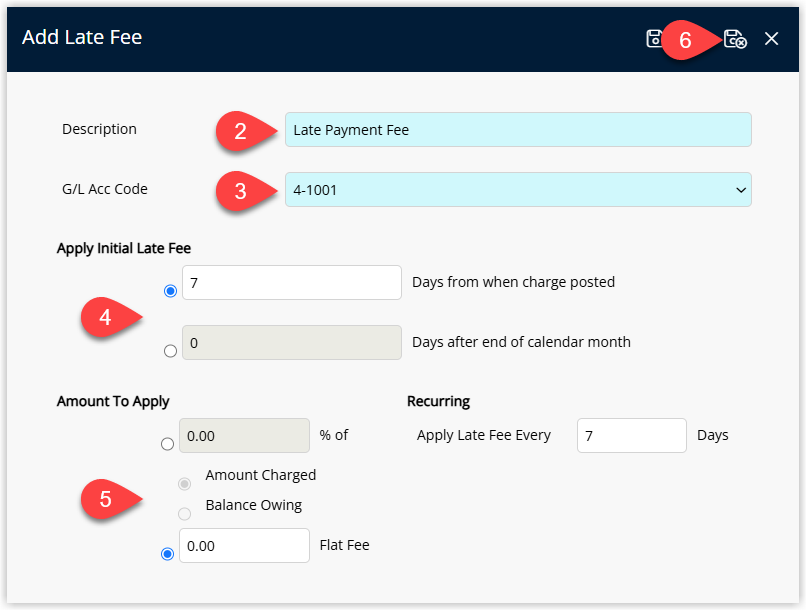 Late Fee detail window with fields for Description, General Ledger Account Code, Initial Fee options, Amount to Apply and Number of Days for recurring late fees, plus a Save/Exit button to store the late fee rule