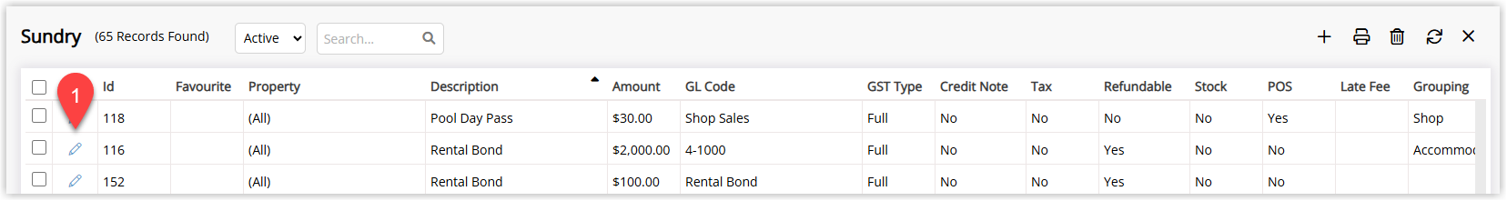 Sundry Charge list in RMS showing existing sundry items with an Edit icon next to a selected sundry charge that will have a late fee associated