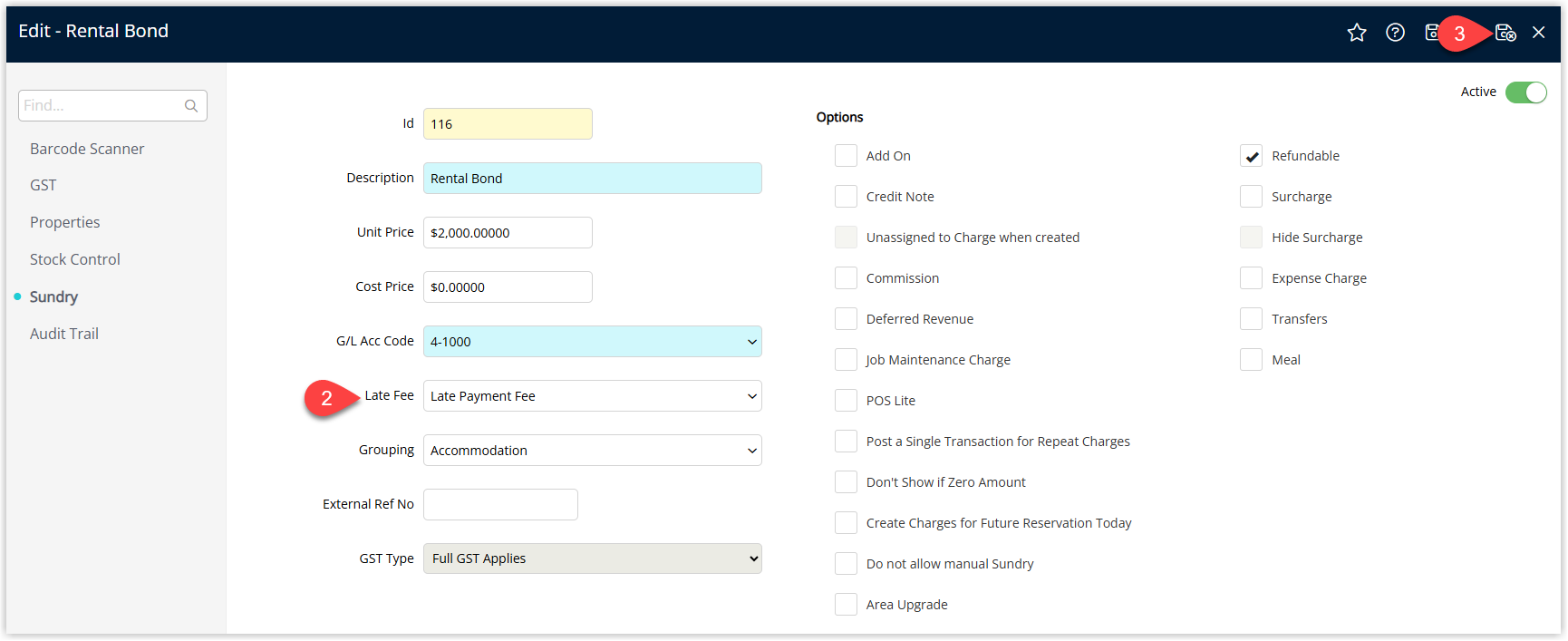 Sundry Charge detail screen displaying a Late Fee dropdown or field where a previously configured late fee rule is selected, with a Save/Exit button to apply the association