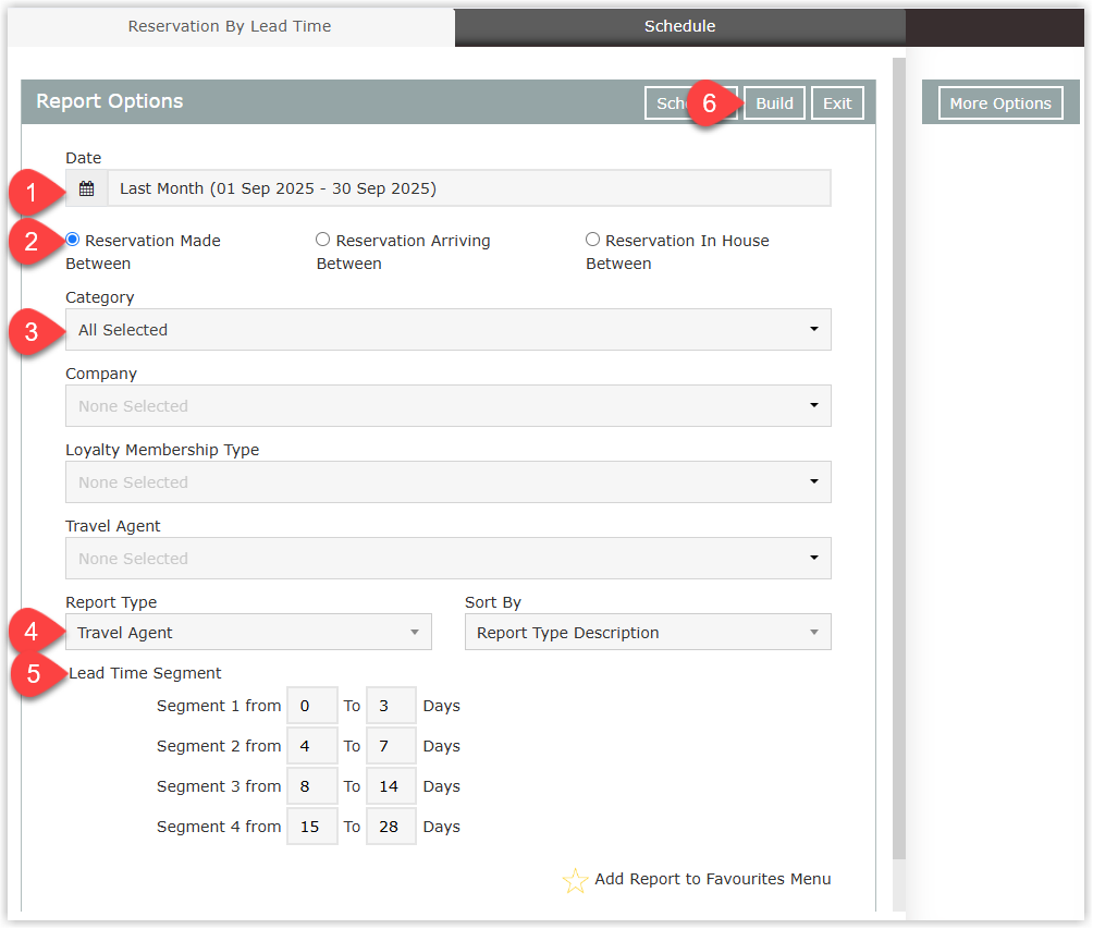 Reservation by Lead Time Report build screen in RMS showing controls to select the Date Range, a Reservation Option (Made Between, Arriving Between or In House Between), selected Categories, a Report Type (such as Travel Agent, Company, Booking Source, Rate Type, Reservation Type or Sub Reservation Type), editable Lead Time Segments, and a Build button to generate the report.