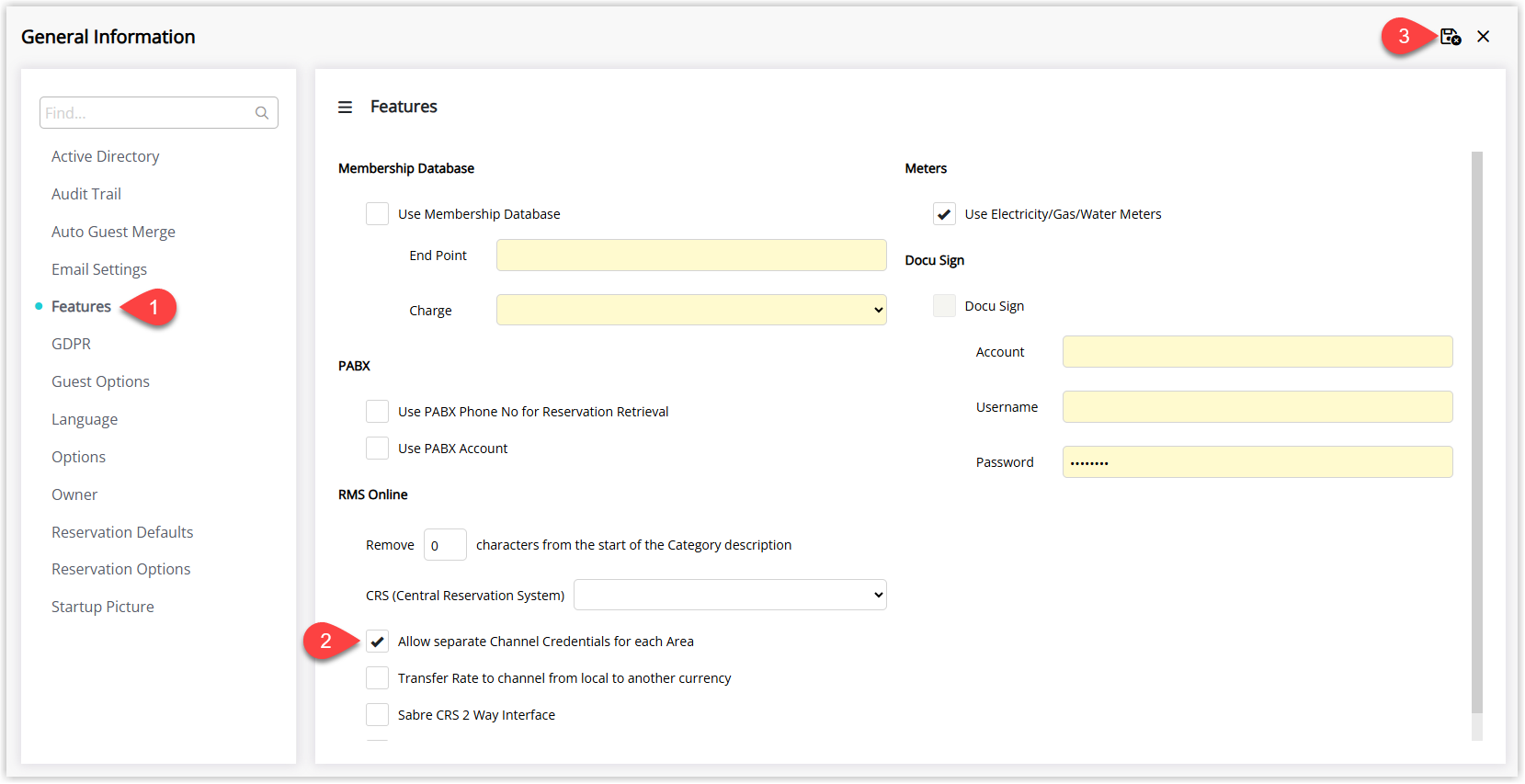 Annotated screenshot of the General Information Features screen in RMS with the Allow separate Channel Credentials for each Area option enabled