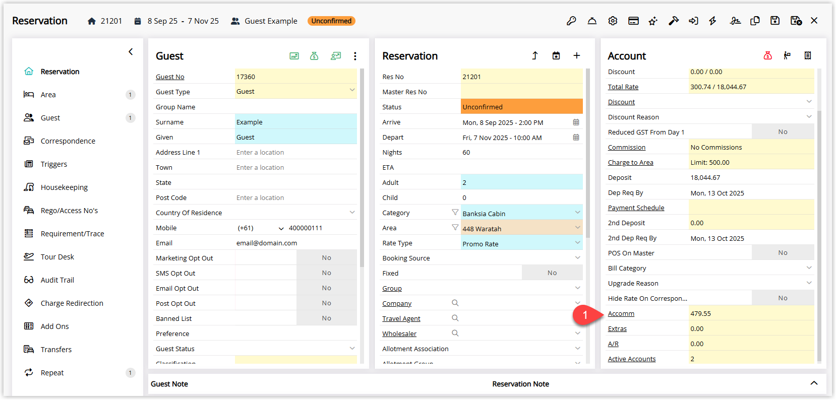 RMS Reservation screen showing the Accounts panel with the Accommodation account selected, ready to manage charges and repeat charges for the long-term reservation.