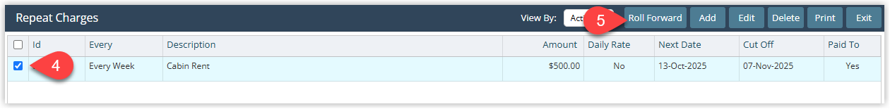 RMS Repeat Charge window listing multiple repeat charges with checkboxes, showing one or more repeat charges ticked and the Roll Forward button highlighted to extend their next charge dates into the future.