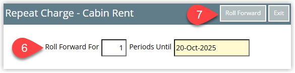 RMS Roll Forward Repeat Charges dialog displaying a field for Roll Forward Cycles with a number of cycles entered, showing the updated Next Date preview for the selected repeat charges and the Roll Forward button highlighted to confirm extending the schedule.
