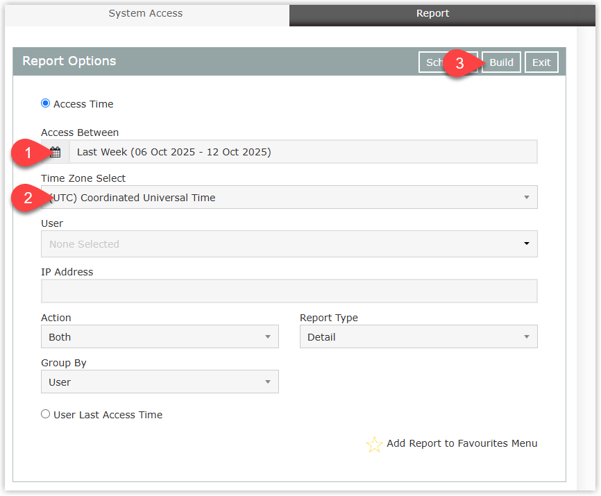 System Access report criteria screen in RMS showing fields for Date Range and Time Zone, optional User and Group By filters, and a Build button to generate the report, with a star icon available to mark the report as a favourite