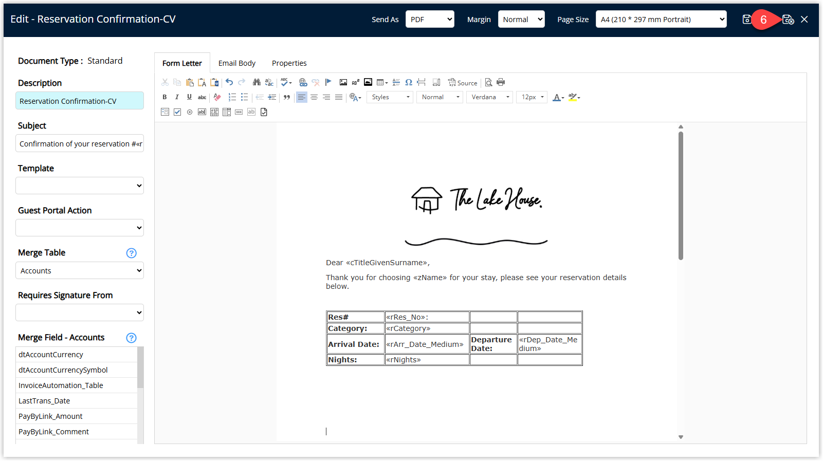 Form Letter editor screen showing the completed table within the template and a Save/Exit button to store the changes