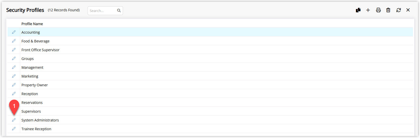 Annotated screenshot of the Security Profiles screen in RMS highlighting the edit icon for the System Administrators profile