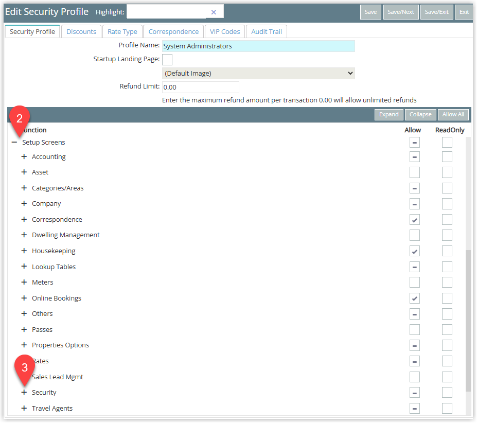 Annotated screenshot of the Edit Security Profile screen in RMS highlighting the Setup Screens and Security permission groups