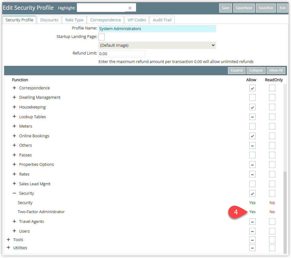 Annotated screenshot of the Edit Security Profile screen in RMS highlighting the Two-Factor Administrator permission set to Allow