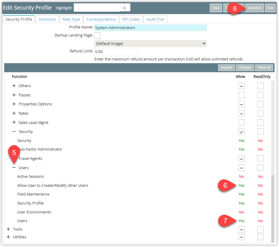 Annotated screenshot of the Edit Security Profile screen in RMS highlighting the Users permissions and the Save/Exit button