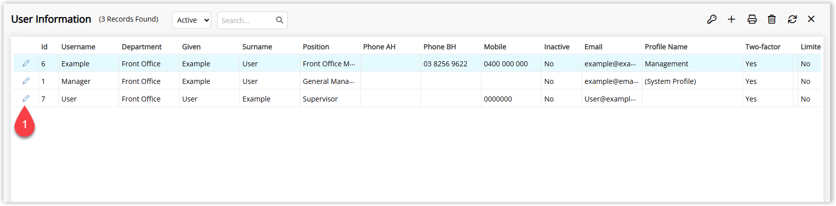 Annotated screenshot of the User Information screen in RMS highlighting the edit icon for a user
