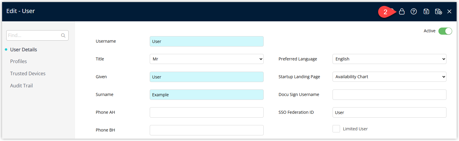 Annotated screenshot of the Edit User screen in RMS highlighting the icon used to generate a one-time passcode