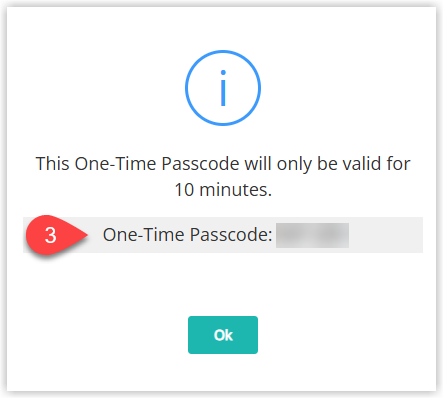 Annotated screenshot of the one-time passcode dialog in RMS highlighting the generated passcode valid for 10 minutes