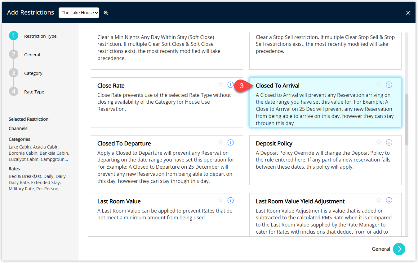 Screenshot of the Add Restriction window in RMS displaying a Restriction Type dropdown or list with Closed to Arrival selected.