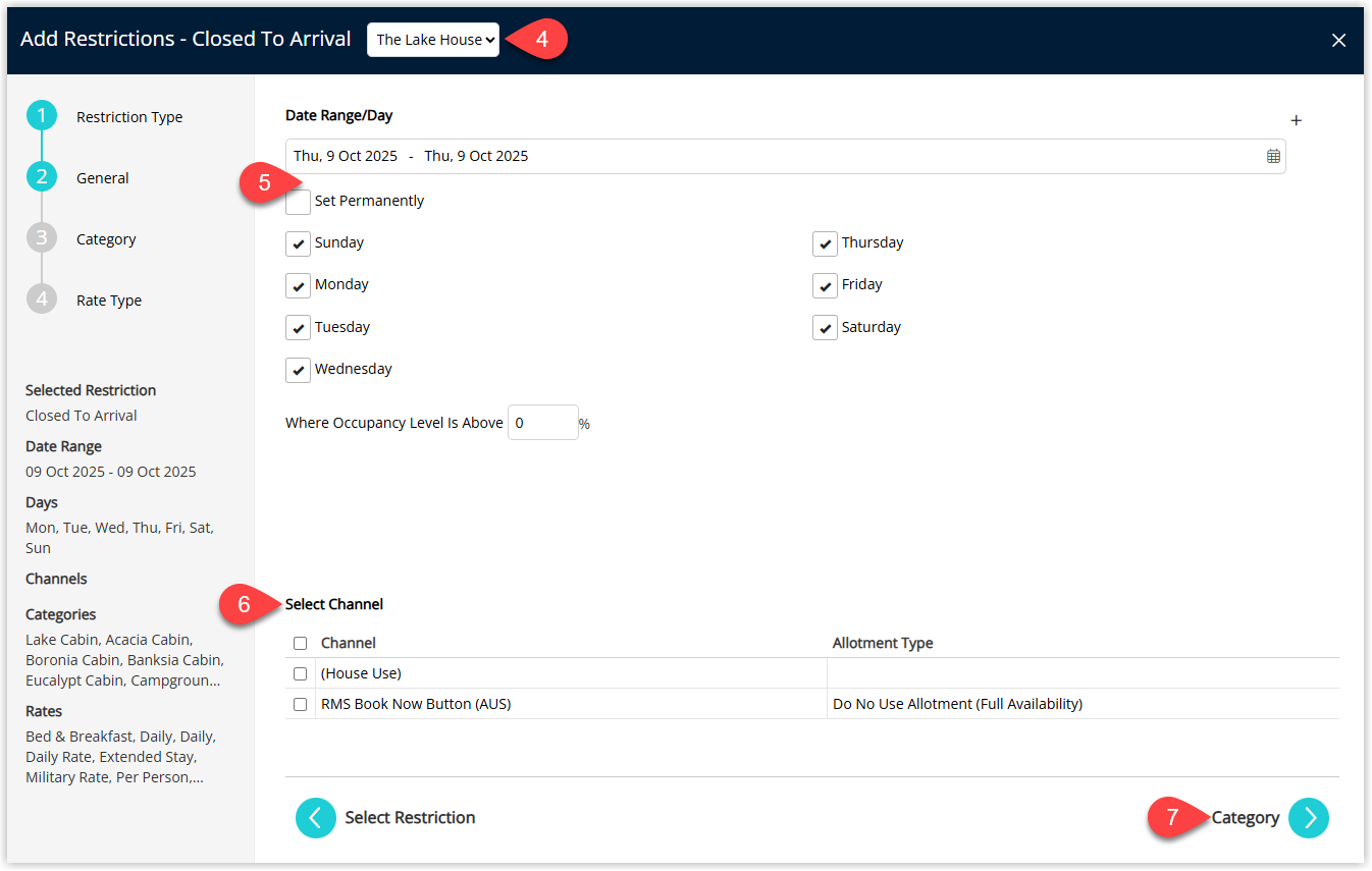 Screenshot of the Closed to Arrival restriction setup screen in RMS showing fields for Property, Date Range or Set Permanently, optional Days of the Week checkboxes, an optional Occupancy benchmark field and a list of Channels with checkboxes, with the Next button highlighted.