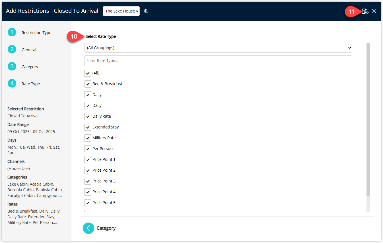 Screenshot of the Rate Type selection step in the Closed to Arrival restriction wizard in RMS showing available rate types with checkboxes and the Save/Exit button highlighted to apply the restriction.