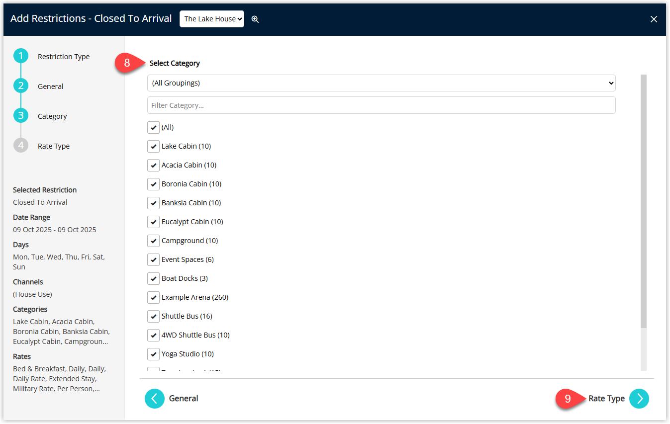 Screenshot of the Category selection step in the Closed to Arrival restriction wizard in RMS, listing categories with checkboxes and the Next button highlighted to continue.