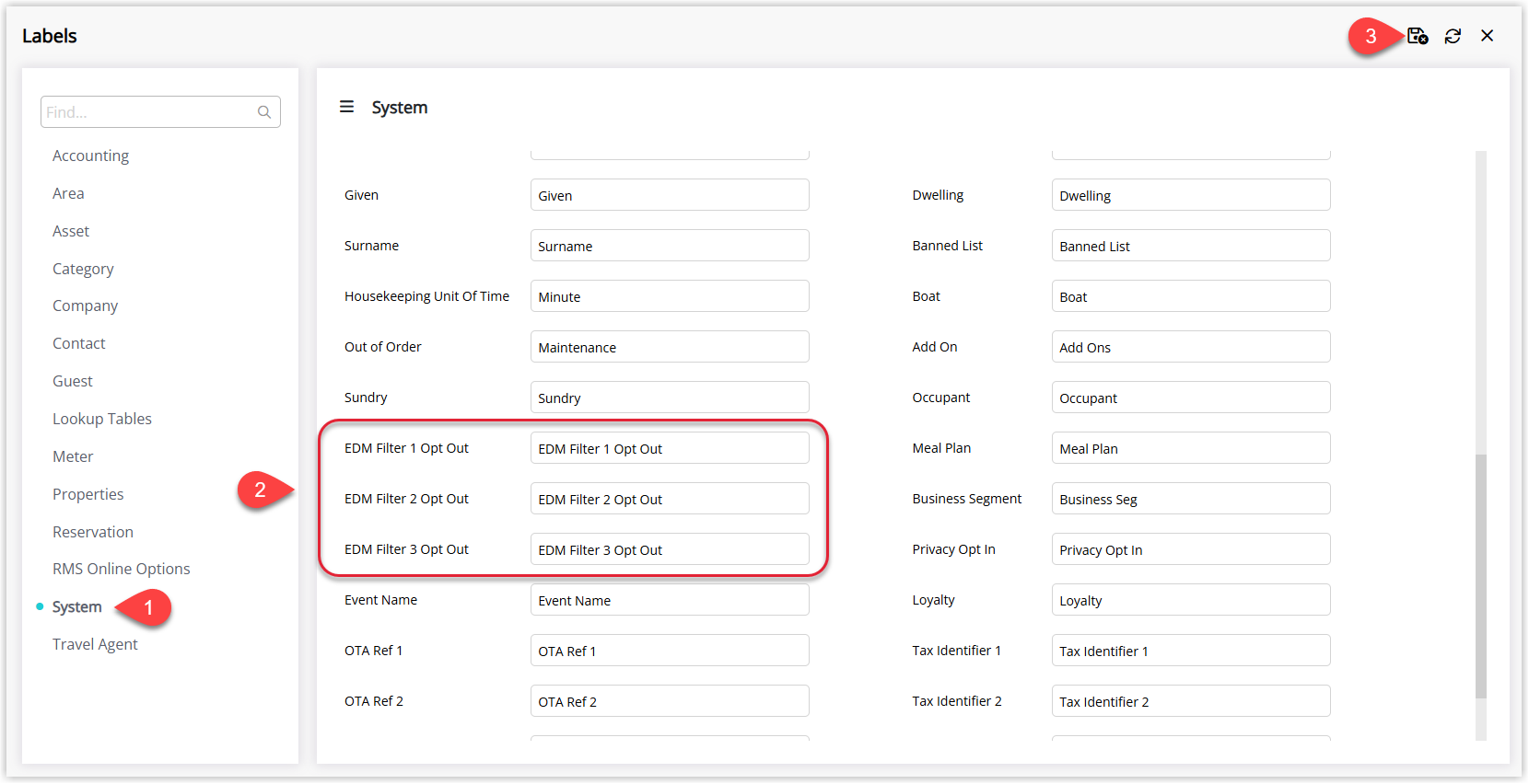 RMS Labels setup screen on the System tab showing editable EDM Filter System Label fields with updated text before selecting Save/Exit to apply the new EDM opt-out labels.