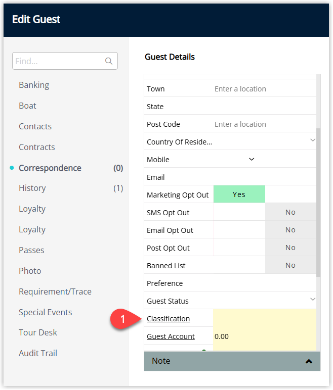 Guest Profile screen in RMS showing guest details with a Classification field or button highlighted to open the guest classification selection window