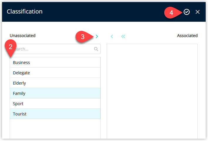 Guest Classification selection window with available classifications listed on the left, selected classifications on the right, a '>' button to assign chosen classifications to the guest, and an Apply button to save the selection