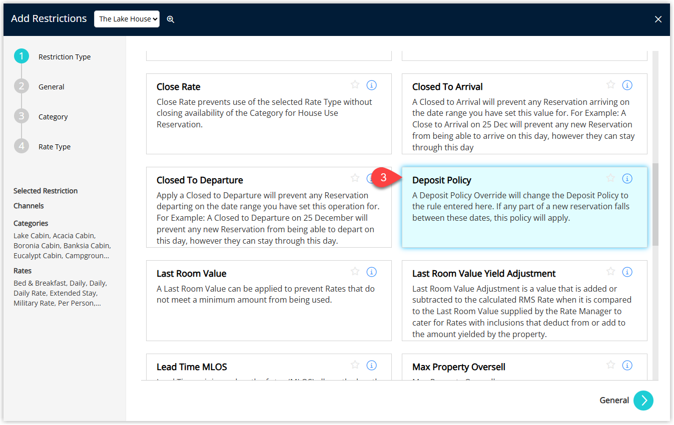 New restriction setup screen in RMS with Restriction Type dropdown open and Deposit Policy selected.