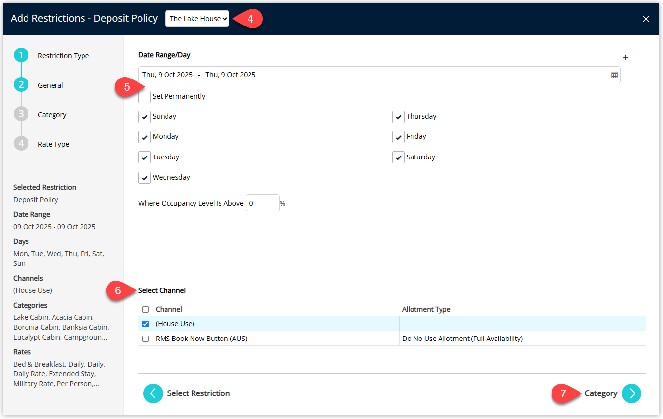 Deposit Policy setup screen in RMS showing selected Property, Date Range or Set Permanently, optional Days of the Week and Occupancy benchmark, Channel checkboxes, and the Next button.