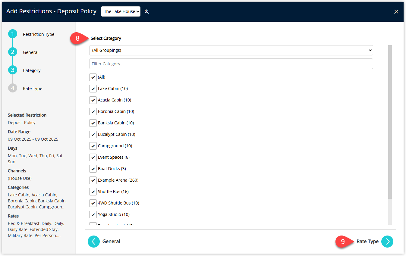 Deposit Policy setup wizard in RMS on the Category step, with one or more Categories selected and the Next button highlighted.
