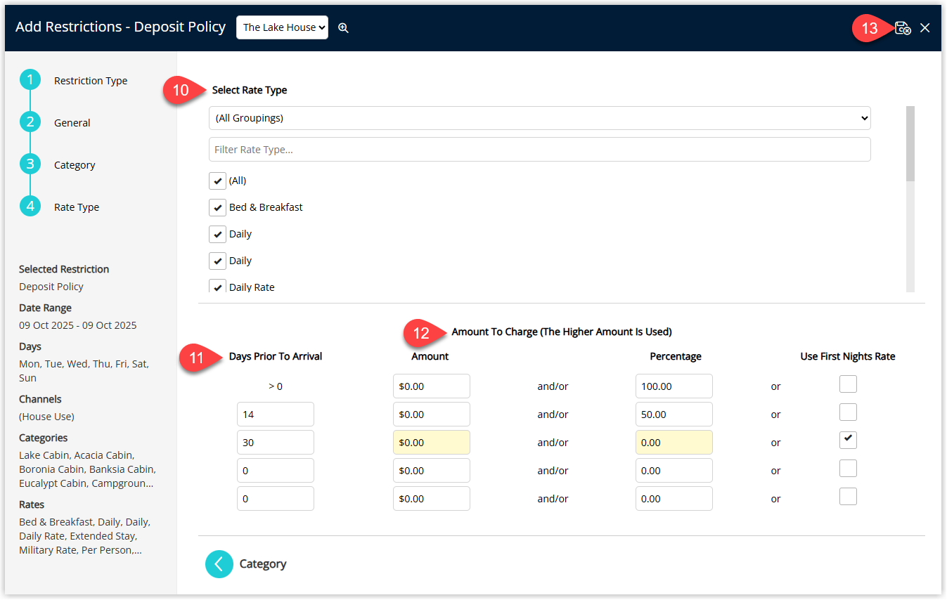 Final step of Deposit Policy setup in RMS showing selected Rate Types, Days Prior to Arrival, Deposit Amount fields, and the Save/Exit button to apply the Deposit Policy override.